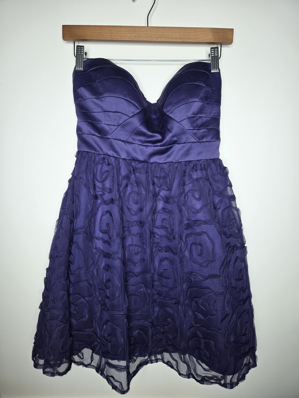Purple Strapless Satin Bustier Rosette Lace Mini Dress Prom Homecoming 6P